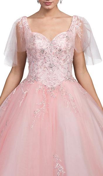 Dancing Queen - Sheer Butterfly Sleeve Embellished Quinceanera Ballgown 1203 - 1 pc Blush In Size S Available CCSALE S / Blush