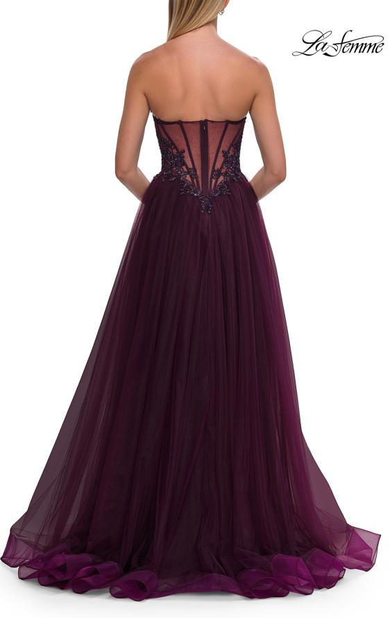 La Femme 33363 - Ruched Strapless High-Slit Prom Gown