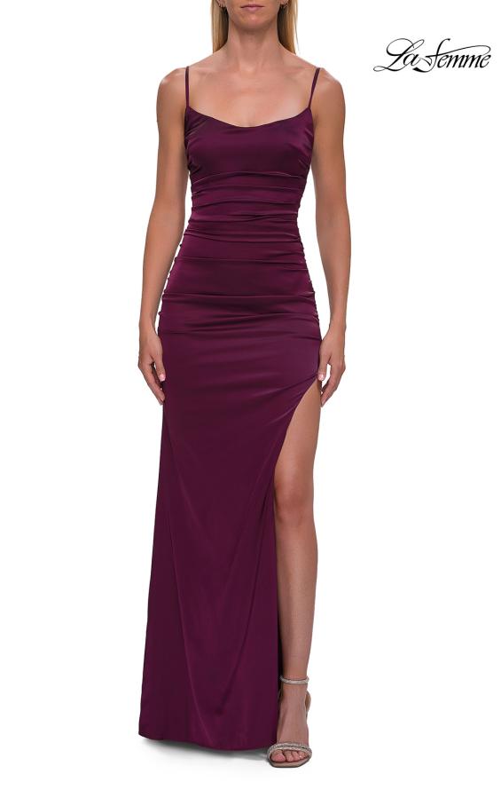 La Femme 33413 - Spaghetti Strap Satin Gown with Ruching