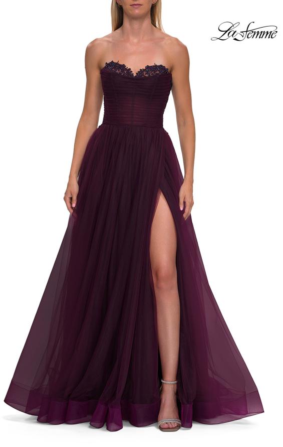 La Femme 33363 - Ruched Strapless High-Slit Prom Gown