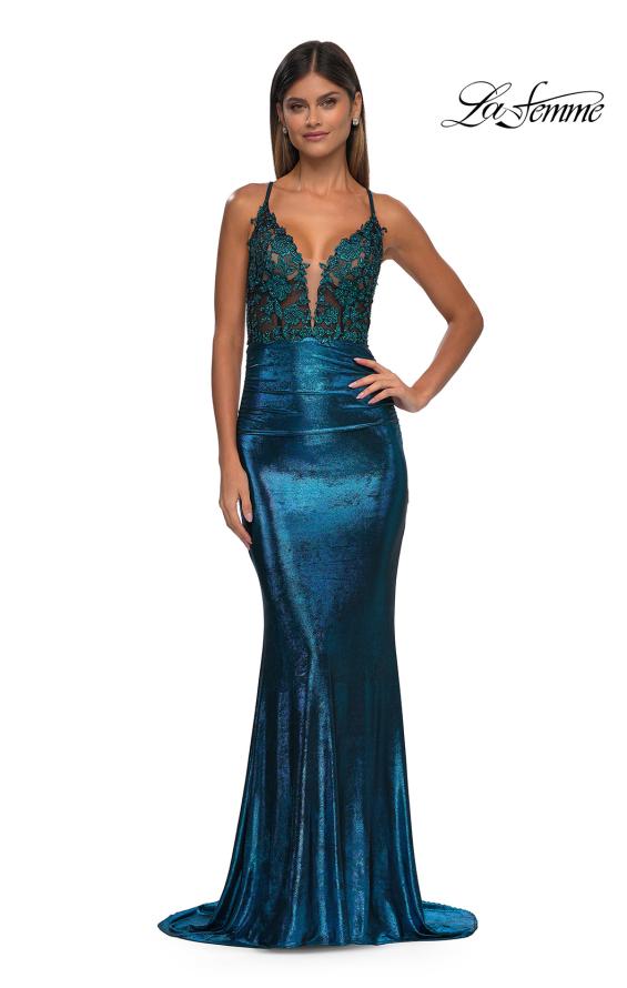 La Femme 33059 - Applique Metallic Jersey Prom Gown