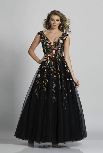 Dave & Johnny - A5703 V Neck Floral Evening Dress Special Occasion Dress 00 / Black