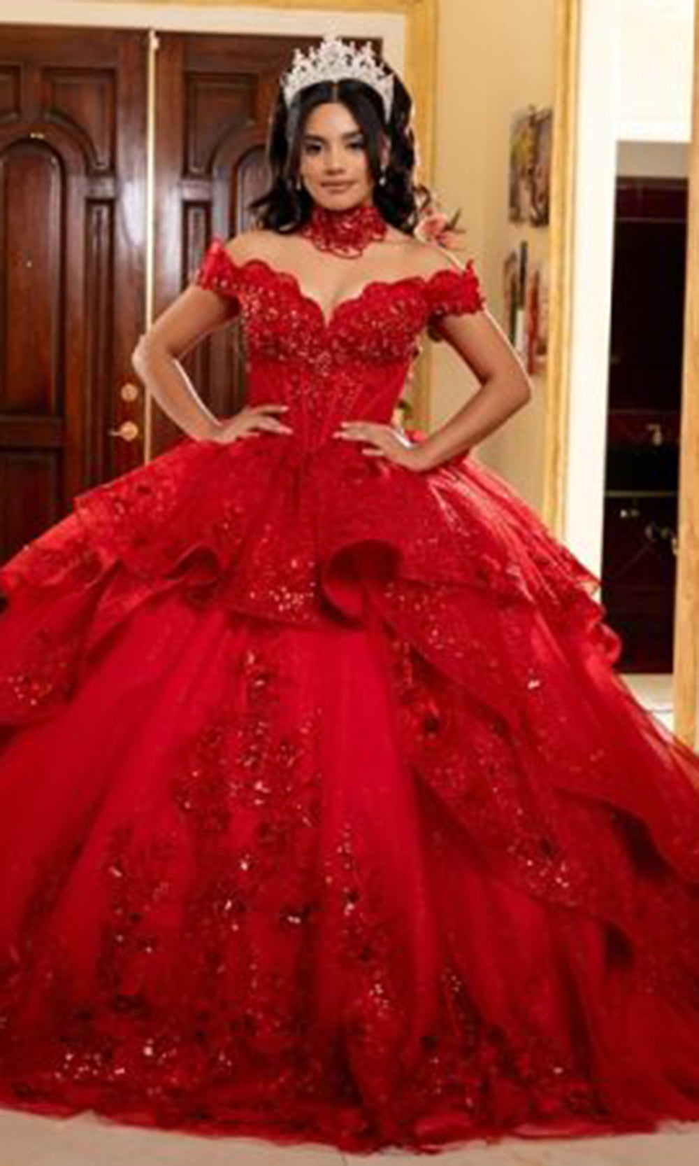 May Queen LK298 - Embroidered Off Shoulder Evening Dress Quinceanera Dresses in Red 