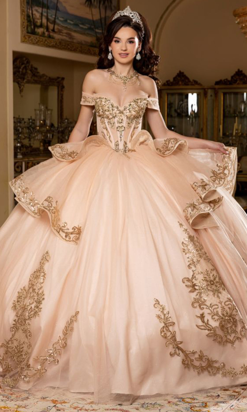 May Queen LK303 - Off Shoulder Embroidered Ballgown Quinceanera Dresses in Champagne Gold
