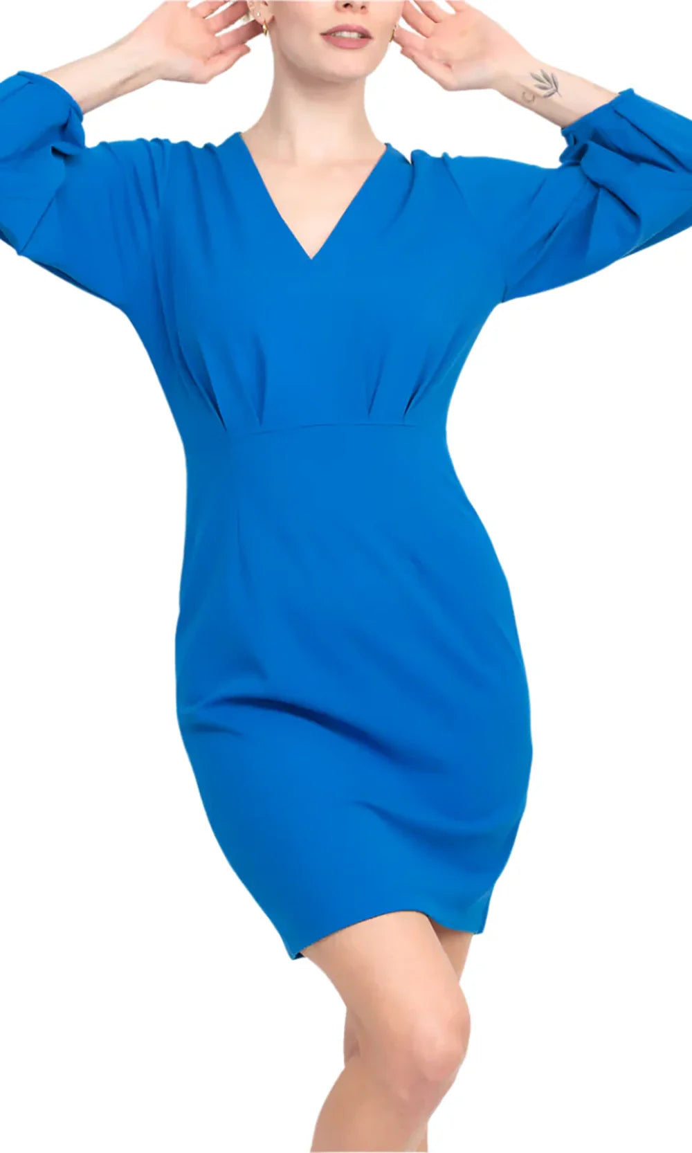 Donna Morgan DT031M - Short Stretch Crepe (97% Polyester, 3% Spandex) Sheath Dress - Pleated, Three-Quarter Sleeves, Elastic Cuffs, Full Back, Zipper Donna Morgan DT031M - Short Stretch Crepe (97% Polyester, 3% Spandex) Sheath Dress - Pleated, Three-Quarter Sleeves, Elastic Cuffs, Full Back, Zipper