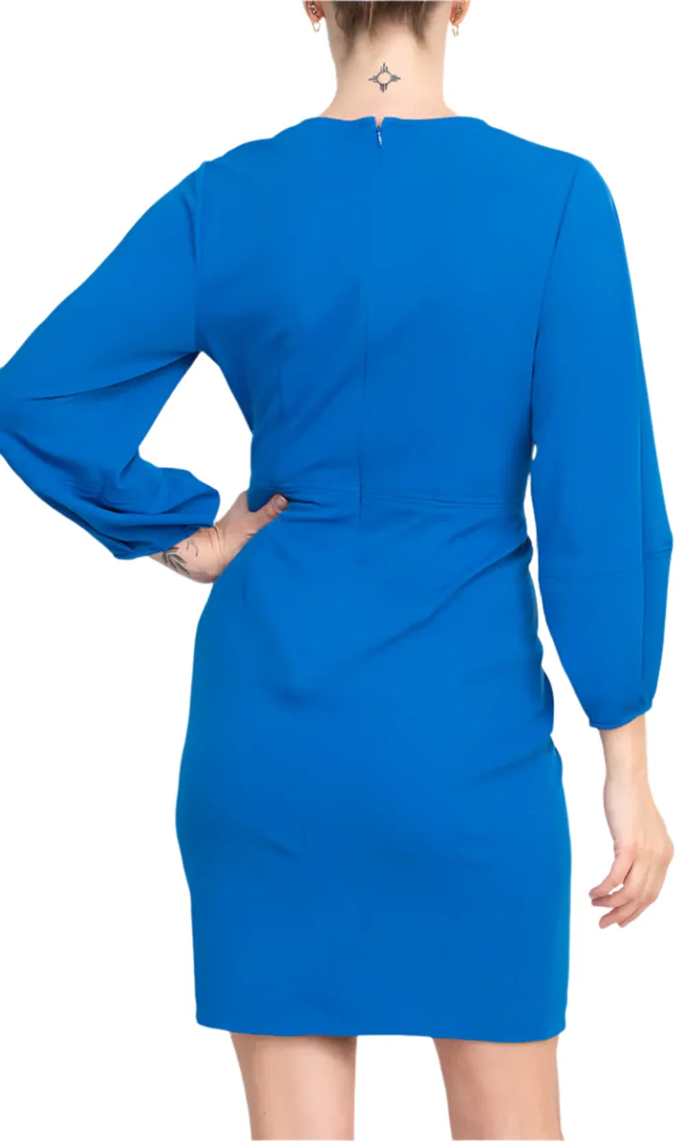 Donna Morgan DT031M - Short Stretch Crepe (97% Polyester, 3% Spandex) Sheath Dress - Pleated, Three-Quarter Sleeves, Elastic Cuffs, Full Back, Zipper Donna Morgan DT031M - Short Stretch Crepe (97% Polyester, 3% Spandex) Sheath Dress - Pleated, Three-Quarter Sleeves, Elastic Cuffs, Full Back, Zipper