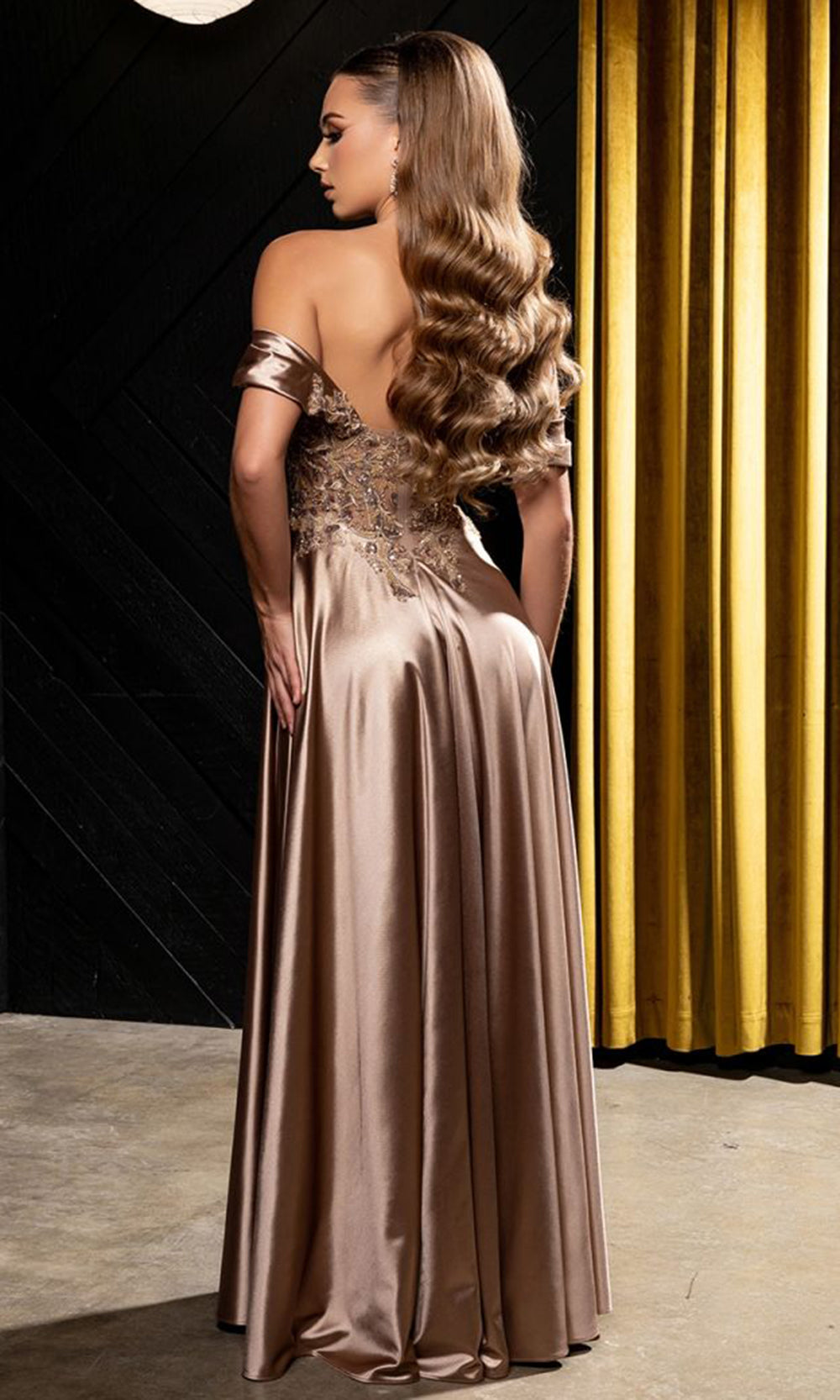 May Queen MQ2240 - Off Shoulder Embroidered Evening Dress Mother of the Bride Dresses in Gold 