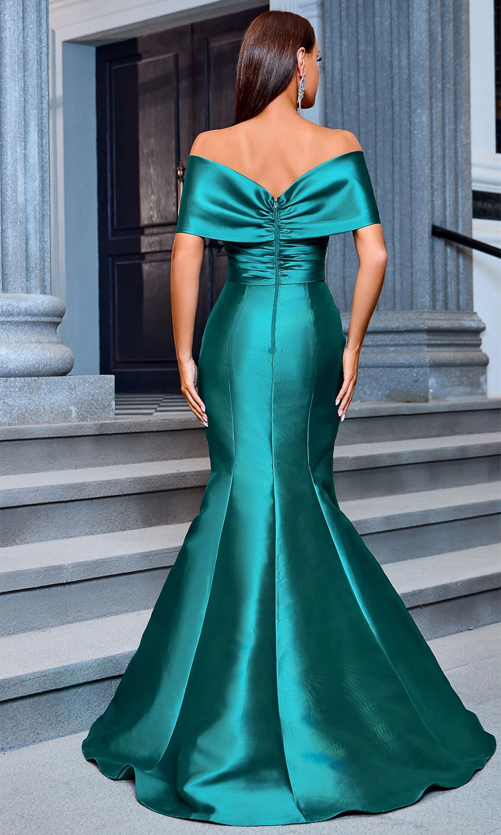 J'Adore Dresses JM203 - Long Mikado Trumpet Dress - Off-Shoulder, Pleated Bodice, Back Zipper Closure, Ruched Detailed Back, Train 8 / Navy J'Adore Dresses JM203 - Long Mikado Trumpet Dress - Off-Shoulder, Pleated Bodice, Back Zipper Closure, Ruched Detailed Back, Train 8 / Navy