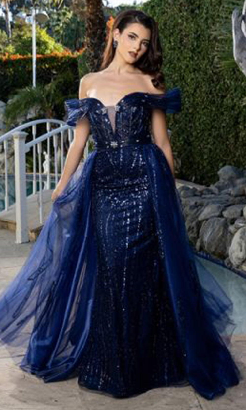 May Queen RQ8224 - Draped Sleeve Beaded Overskirt Evening Gown