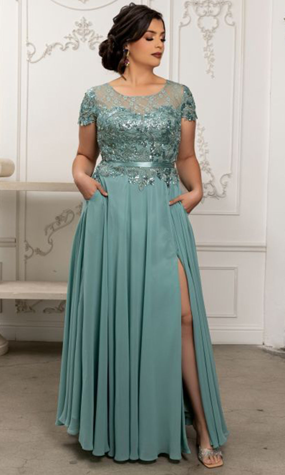 May Queen MQ2223 - Cap Sleeve Beaded Lace A-Line Gown