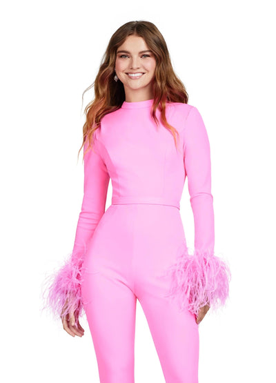 Ashley Lauren 11441 - Feathered Sleeve Jumpsuit In Pink