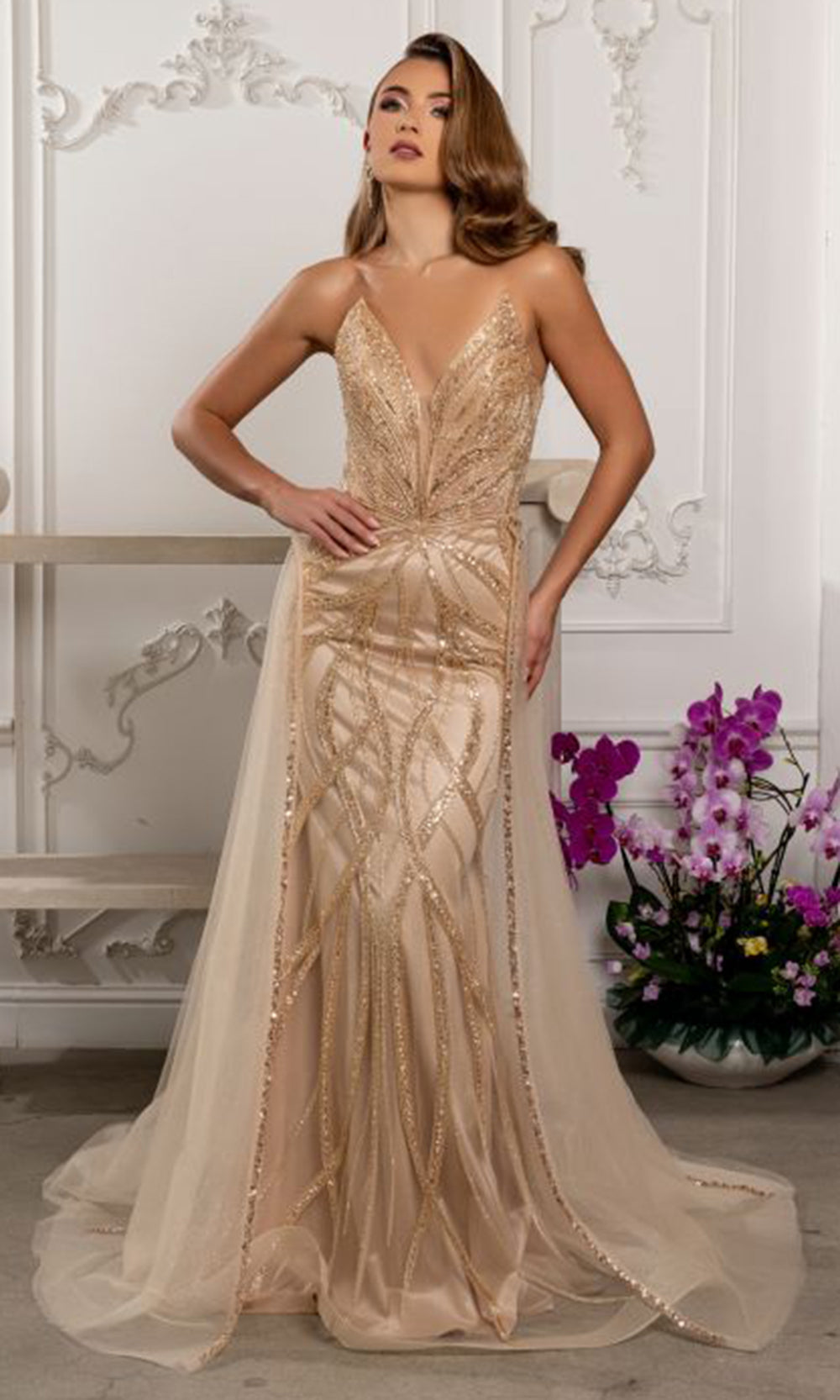May Queen RQ8253 - Sparkling Strapless Fitted Gown with Overskirt