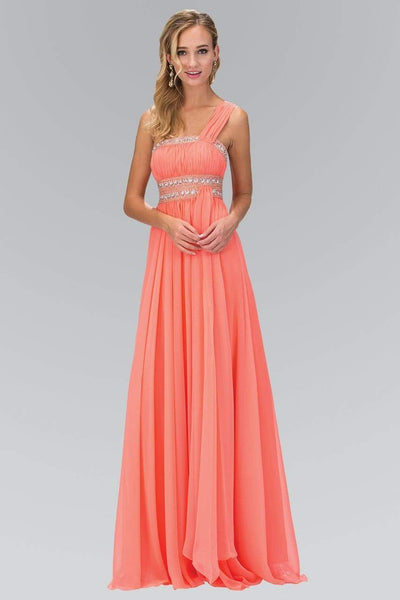 Elizabeth K - GL1015 One Shoulder Bejeweled Empire Long Dress Bridesmaid Dresses XS / Coral