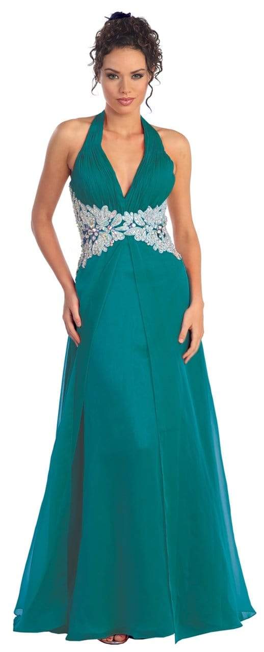 Elizabeth K - GL1046 Embellished Ruched Halter Neck Chiffon Dress Evening Dresses XS / Teal