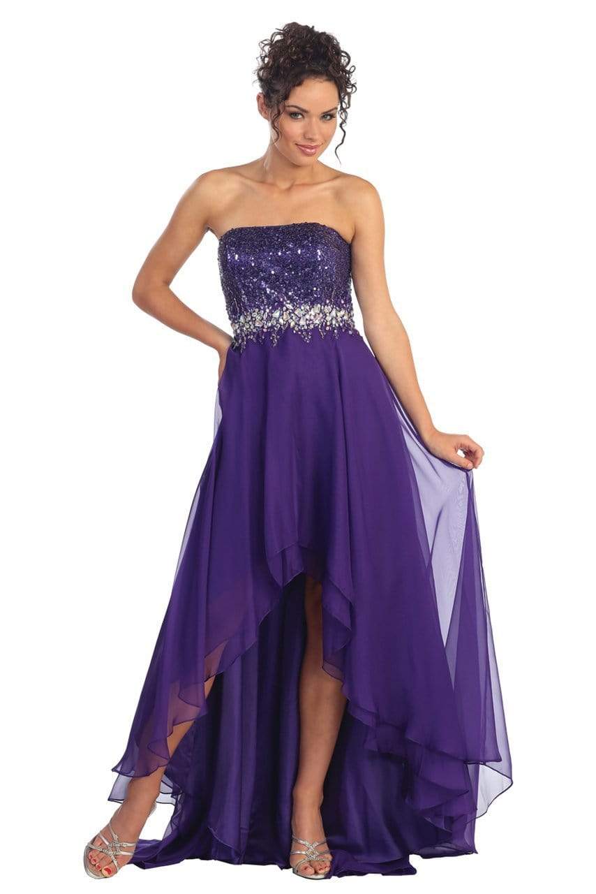 Elizabeth K - GL1060 Sequined Strapless Chiffon High-Low Gown Special Occasion Dress XS / Purple