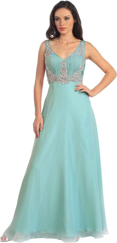 Elizabeth K - GL1073 Adorned V-Neck Illusion A-Line Gown Special Occasion Dress XS / Tiffany