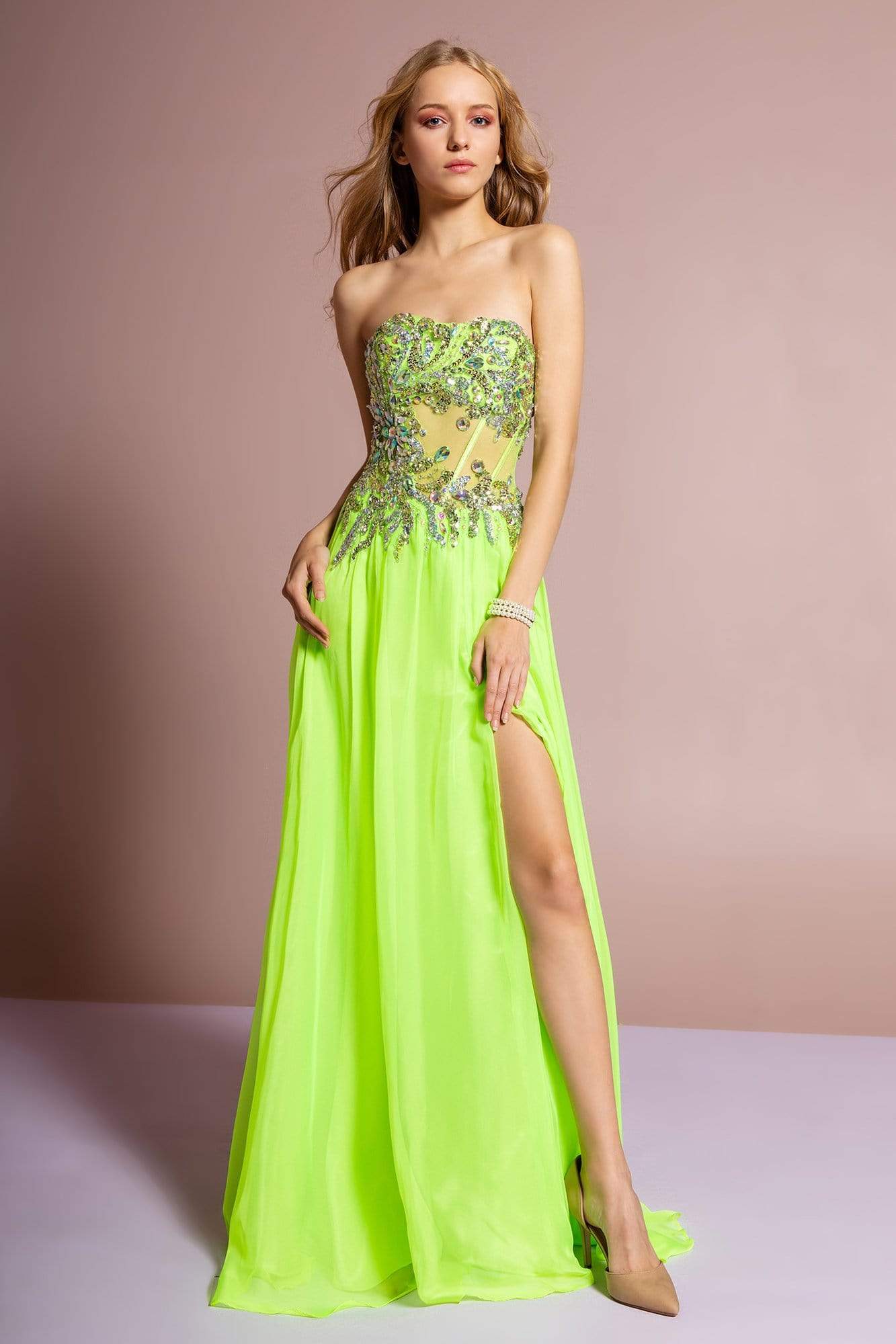 Elizabeth K - GL1085 Embellished Sweetheart Chiffon A-line Dress Prom Dresses XS / Lime