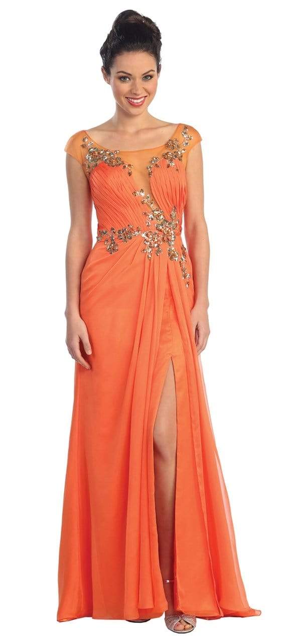 Elizabeth K - GL1088 Bejeweled Cap Sleeve Illusion Bateau Dress Special Occasion Dress XS / Orange