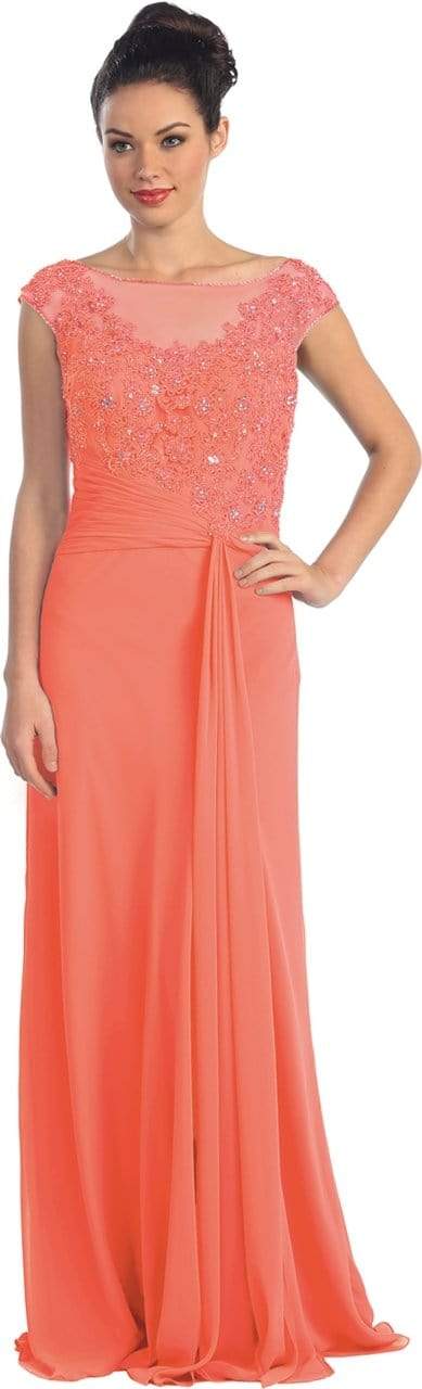 Elizabeth K - GL1100 Beaded Illusion Bateau Neck Chiffon Dress Special Occasion Dress XS / Coral