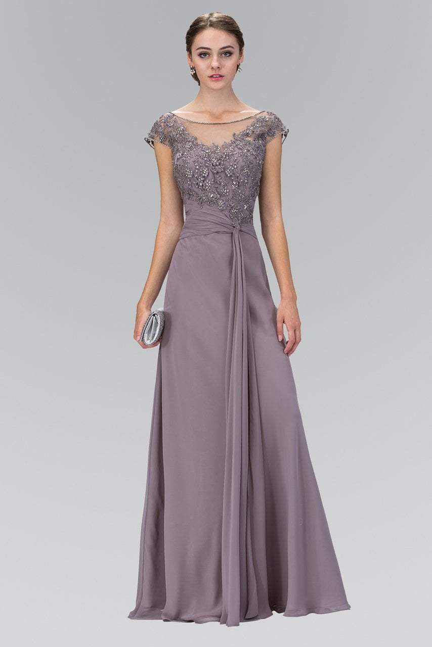 Elizabeth K - GL1100 Beaded Illusion Bateau Neck Chiffon Dress Special Occasion Dress XS / Gray