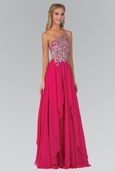 Elizabeth K - GL1128 Asymmetrical Bejeweled Chiffon Gown Special Occasion Dress XS / Fuchsia