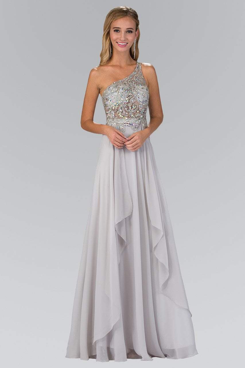Elizabeth K - GL1128 Asymmetrical Bejeweled Chiffon Gown Special Occasion Dress XS / Silver