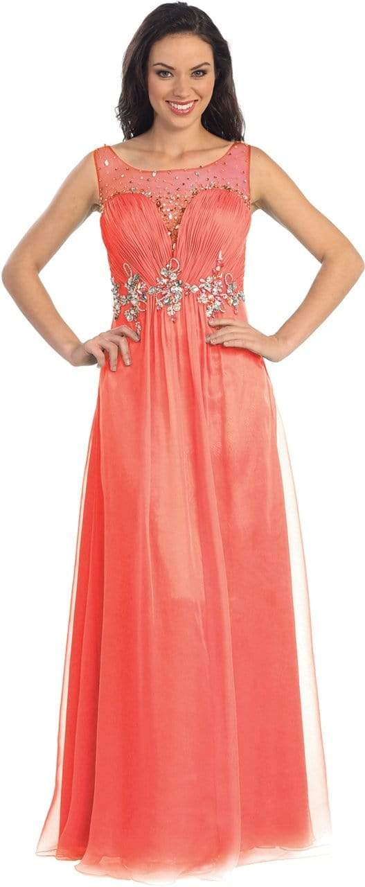 Elizabeth K - GL1131 Bateau Illusion Bejeweled Chiffon Gown Special Occasion Dress XS / Coral