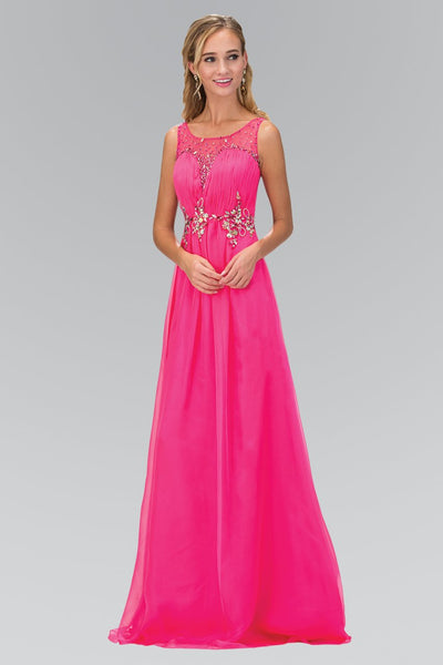 Elizabeth K - GL1131 Bateau Illusion Bejeweled Chiffon Gown Special Occasion Dress XS / Hot Pink