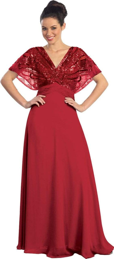 Elizabeth K - GL1145 Sequined V-neck Chiffon A-line Dress Special Occasion Dress XS / Dark Red