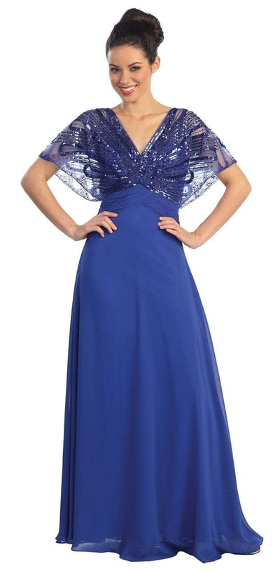 Elizabeth K - GL1145 Sequined V-neck Chiffon A-line Dress Special Occasion Dress XS / Royal Blue