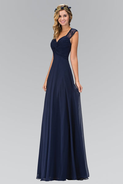 Elizabeth K - GL1376 Laced and Ruched V-Neck Chiffon Dress Special Occasion Dress XS / Navy