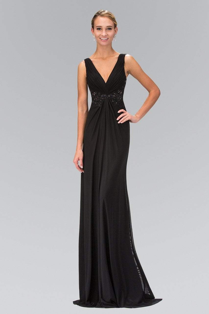 Elizabeth K - GL1377 Embellished Ruched V-Neck A-line Dress Special Occasion Dress XS / Black