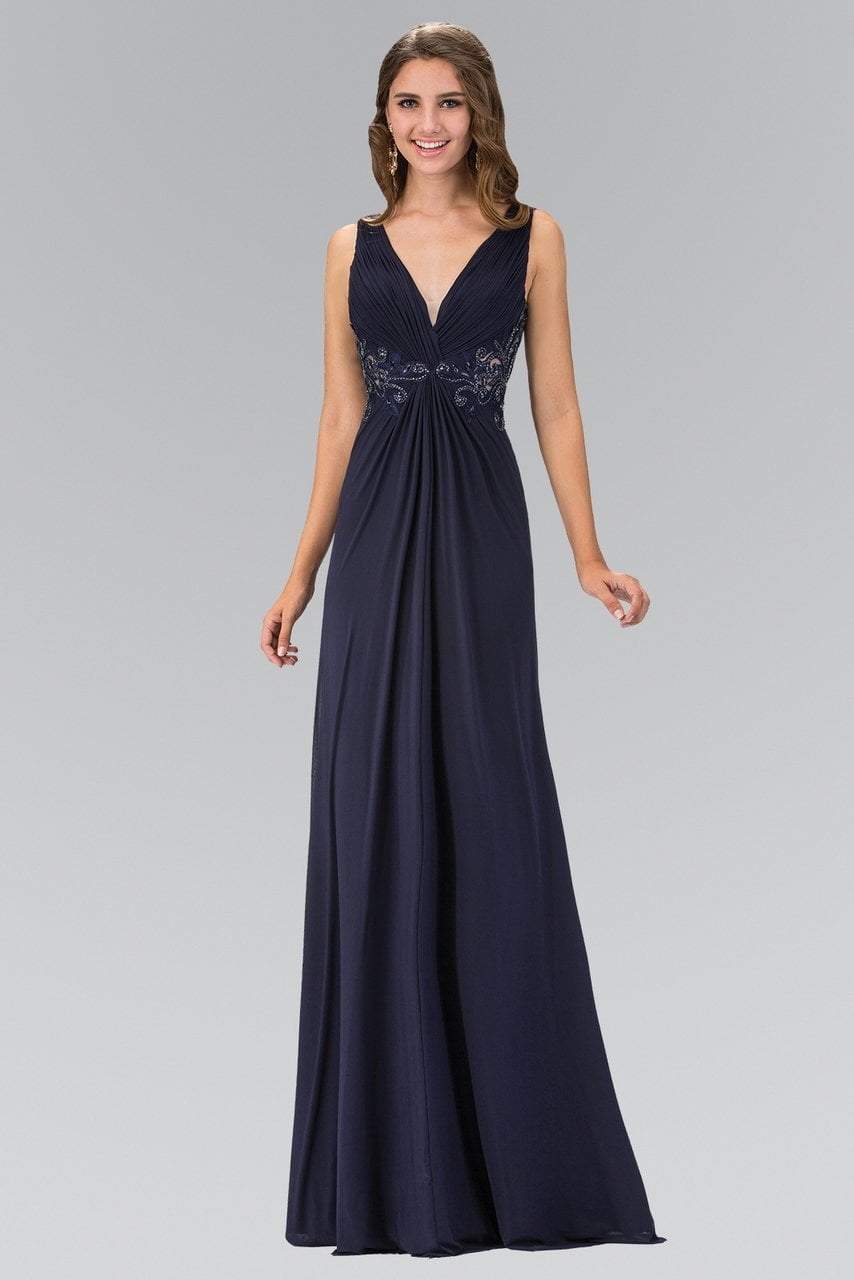 Elizabeth K - GL1377 Embellished Ruched V-Neck A-line Dress Special Occasion Dress XS / Navy