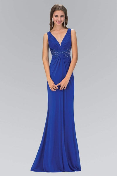 Elizabeth K - GL1377 Embellished Ruched V-Neck A-line Dress Bridesmaid Dresses XS / Royal Blue
