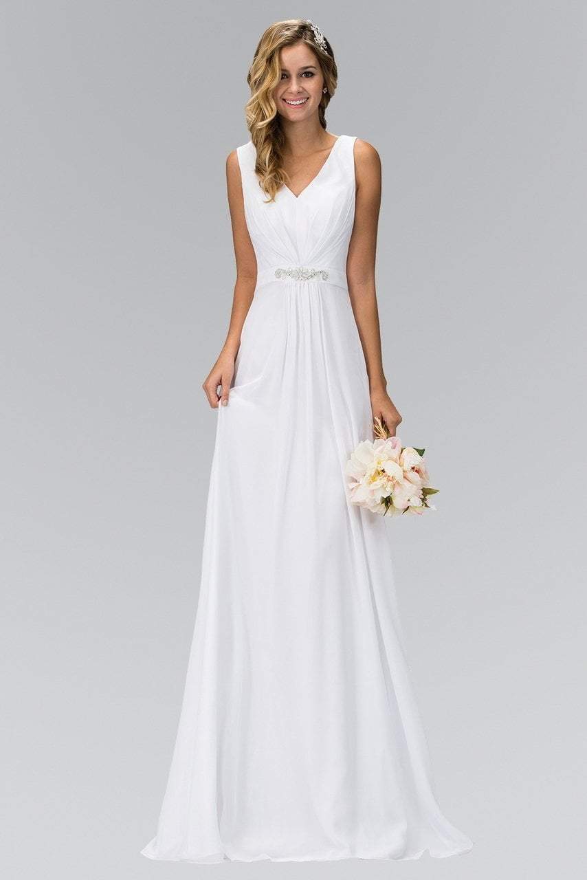 Elizabeth K - GL1389 Jewel-Accented Pleated V-Neck Chiffon Dress Bridesmaid Dresses XS / White