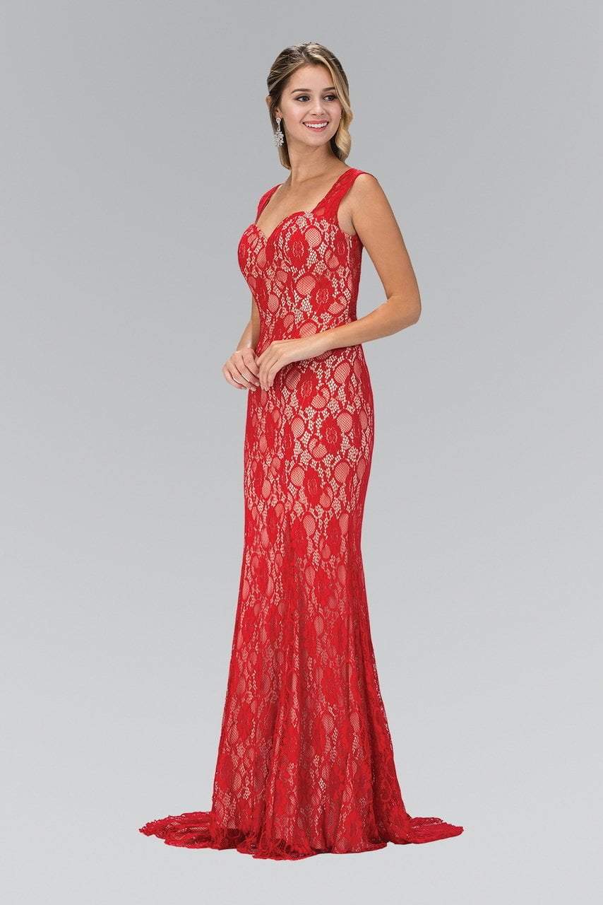 Elizabeth K - GL1396 Long Contrast Lace Sheath Gown Special Occasion Dress XS / Red/Nude