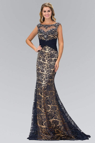 Elizabeth K - GL1415 Bejeweled Illusion Trumpet Gown Special Occasion Dress XS / Navy