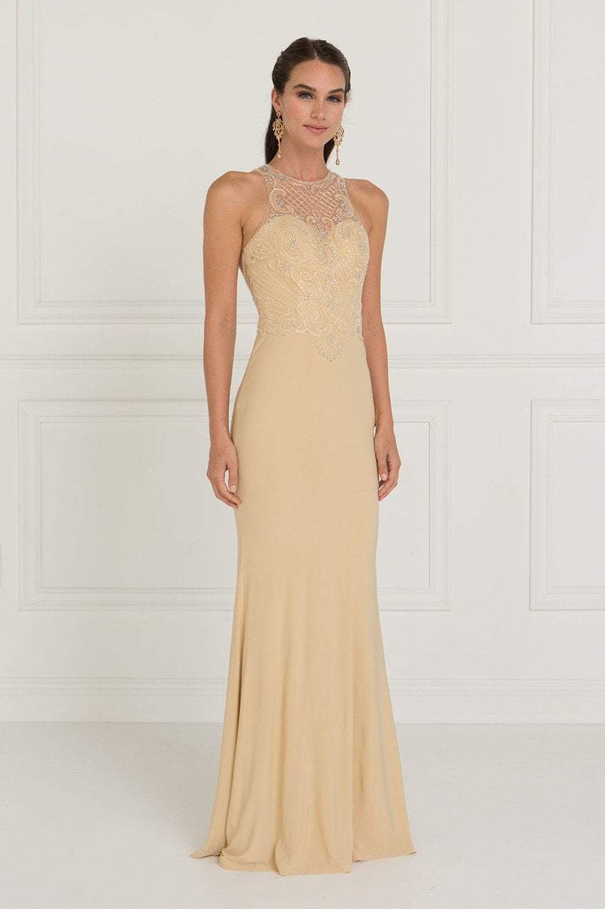 Elizabeth K - GL1507 Illusion Tonal Beaded Jersey Sheath Gown Special Occasion Dress XS / Champagne