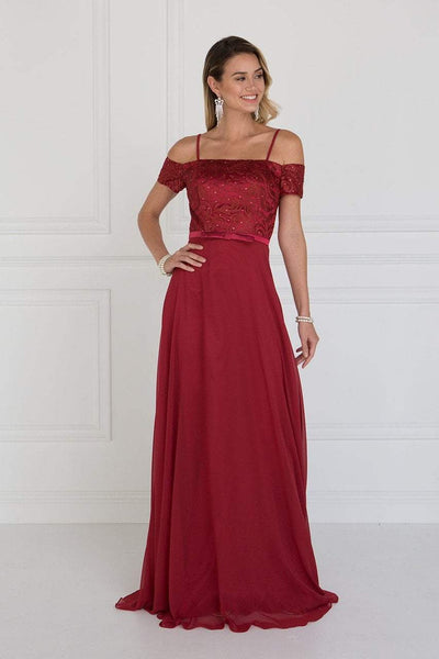 Elizabeth K - GL1521 Off Shoulder Lace Bodice Chiffon A-Line Gown Special Occasion Dress XS / Burgundy