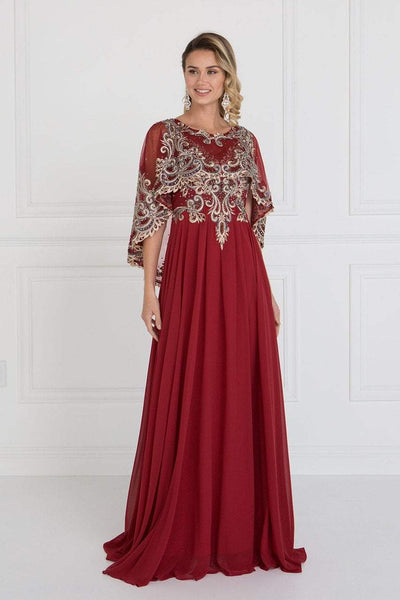 Elizabeth K - GL1527 Chiffon Dress with Embroidered Cape Sleeves Special Occasion Dress XS / Burgundy