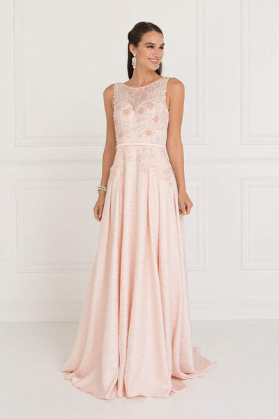 Elizabeth K - GL1545 Jacquard Illusion Appliqued A-Line Gown Prom Dresses XS / Blush