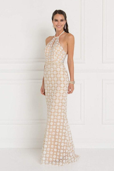 Elizabeth K - GL1548 Beaded Halter Tulle Sheath Dress Special Occasion Dress XS / Champagne