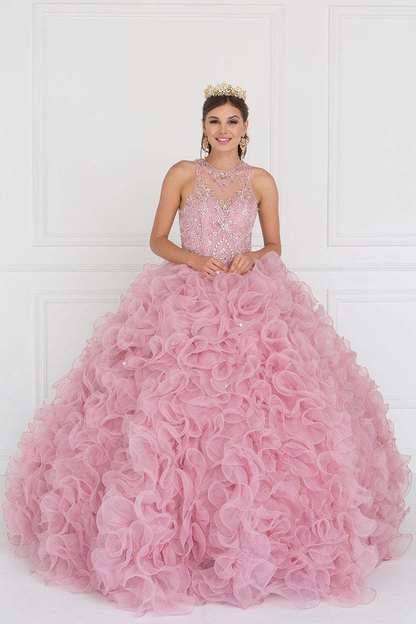 Elizabeth K - GL1554 Bejeweled Organza Ruffled Ballgown Special Occasion Dress XS / D/Rose