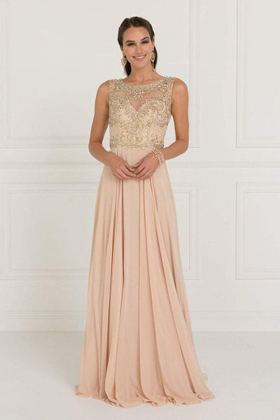 Elizabeth K - GL1565 Jeweled Illusion Bateau Chiffon A-line Gown Formal Gowns XS / Champagne