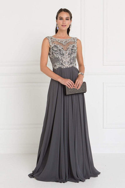 Elizabeth K - GL1565 Jeweled Illusion Bateau Chiffon A-line Gown Formal Gowns XS / Charcoal