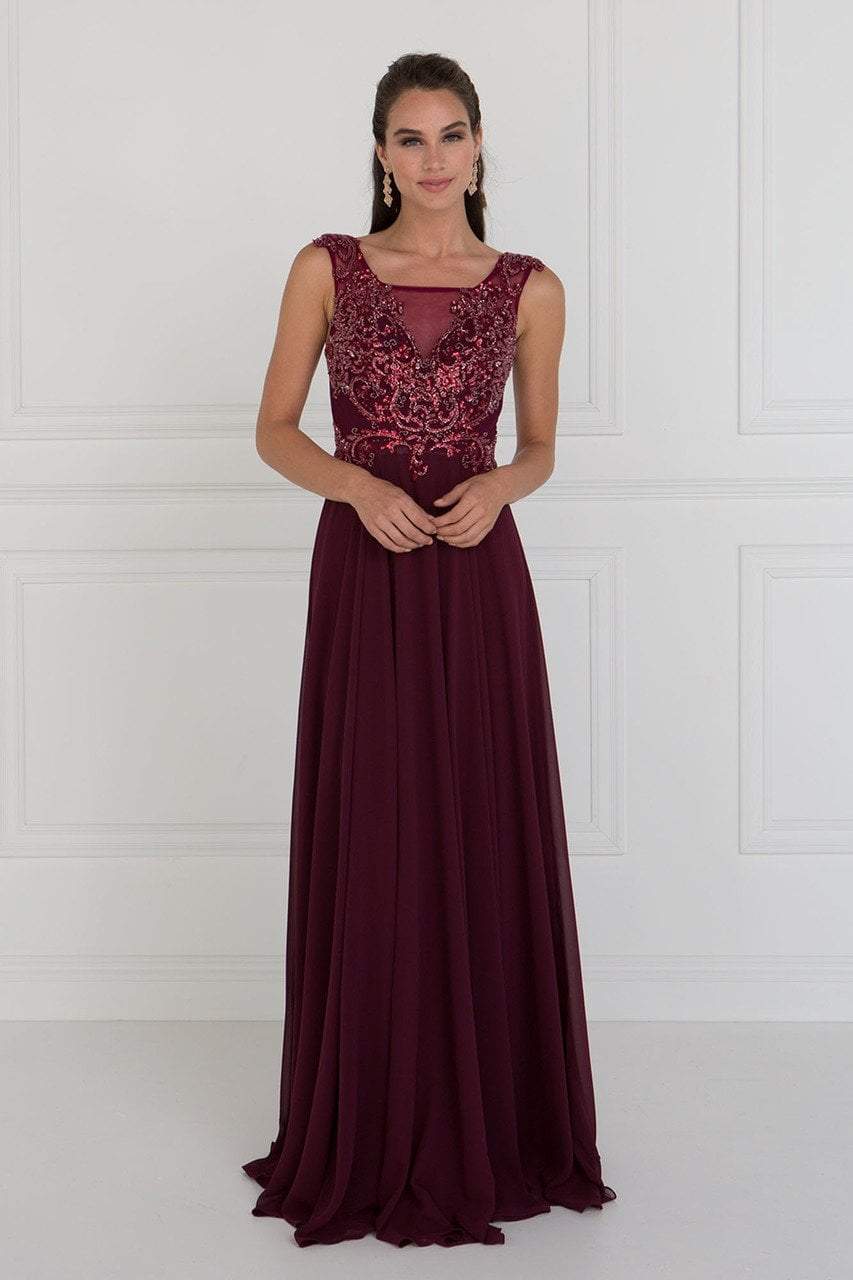 Elizabeth K - GL1566 Beaded Square Neck Chiffon A-line Dress Special Occasion Dress XS / Burgundy