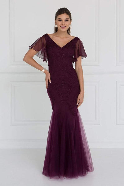 Elizabeth K - GL1576 Butterfly Sleeve Embroidered Foliage Trumpet Gown Mother of the Bride Dresses XS / Eggplant
