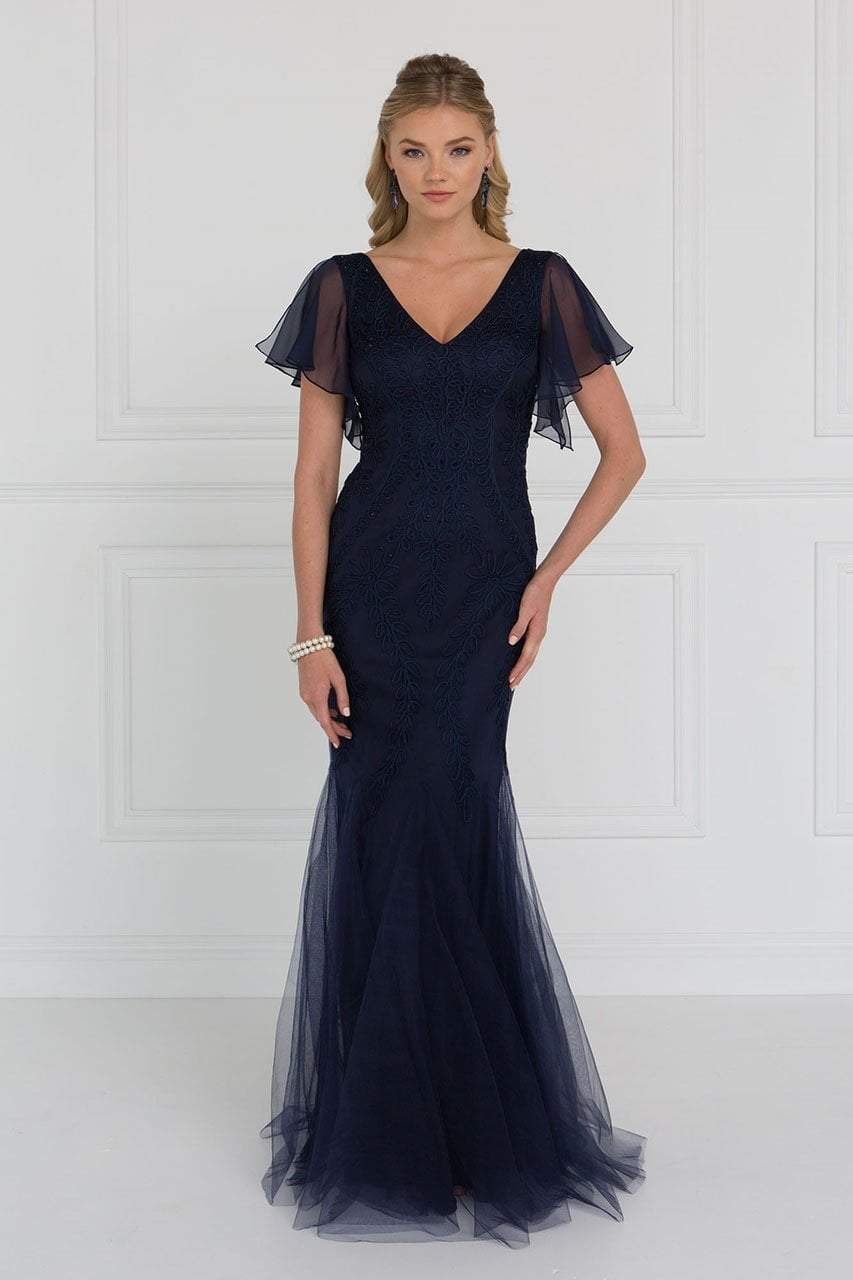 Elizabeth K - GL1576 Butterfly Sleeve Embroidered Foliage Trumpet Gown Mother of the Bride Dresses XS / Navy