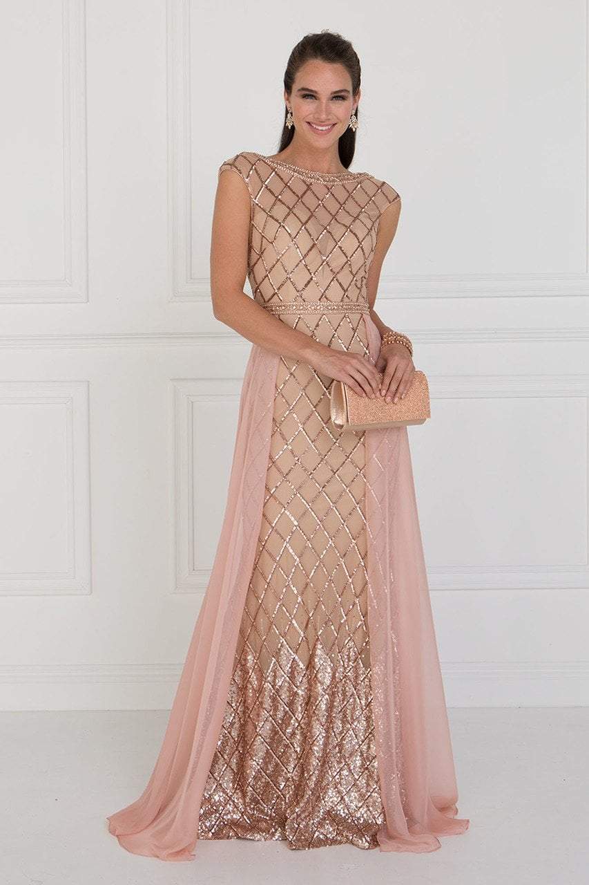 Elizabeth K - GL1577 Embellished Illusion Bateau Dress with Overlay Special Occasion Dress XS / Rose Gold