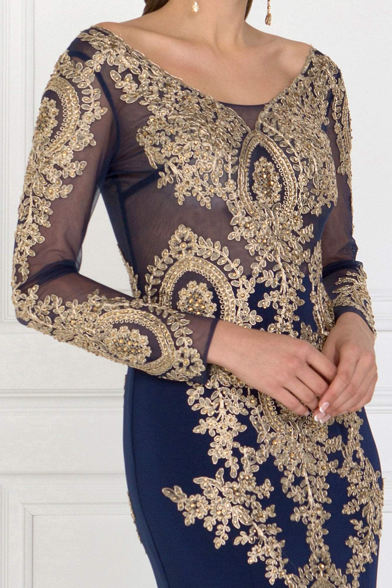 Elizabeth K - GL1597 Illusion Long Sleeve Gilded Lace Sheath Gown Special Occasion Dress